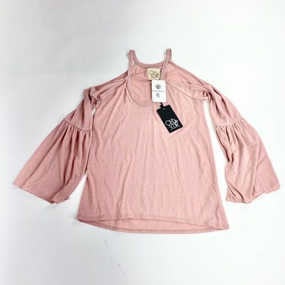 Chaser cold shoulder distressed bell sleeve rose pink top shirt XS - Picture 1 of 12